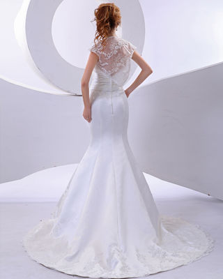 Elegante sirena Fiore di pizzo Colletto di cintura Abiti da sposa a manica corta